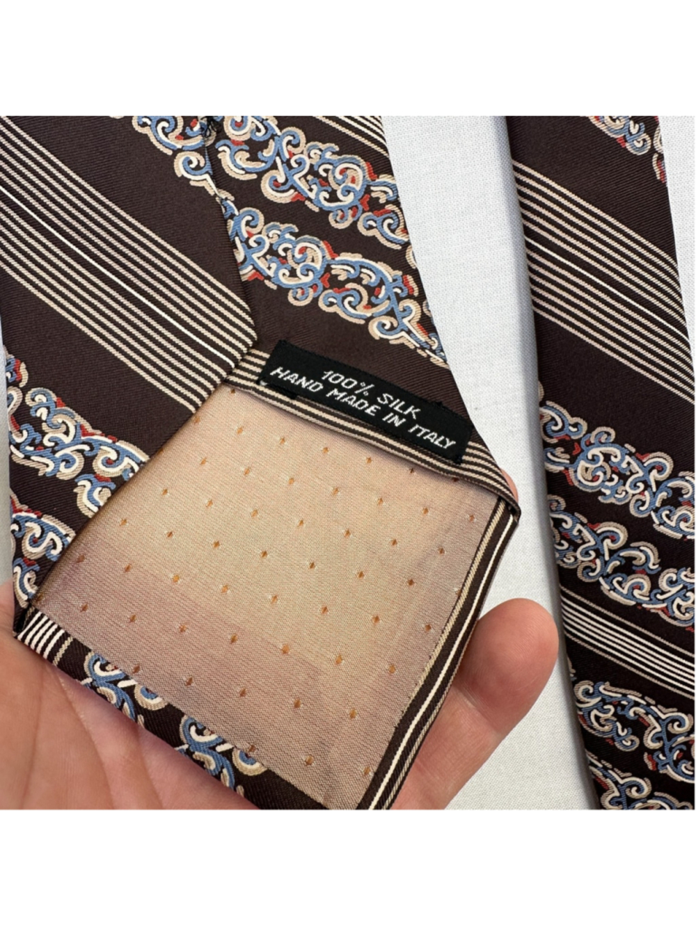 Holland Sherry Men's Silk Necktie Brown Stripe Scrollwork Hand Made Italy - Picture 4 of 7